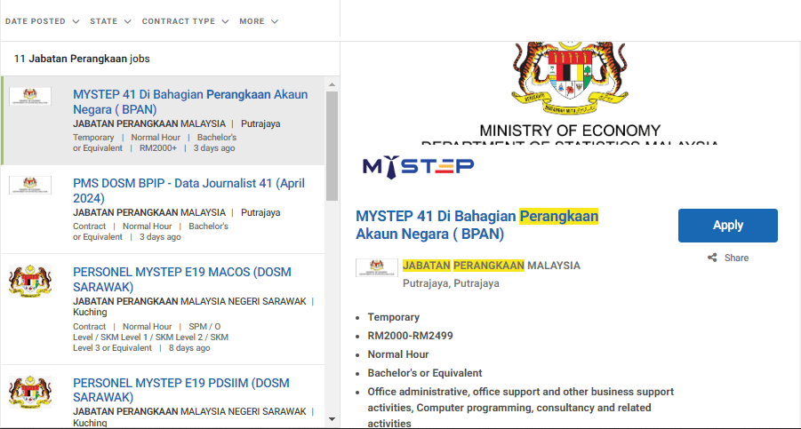 Jawatan Kosong Jabatan Perangkaan Malaysia