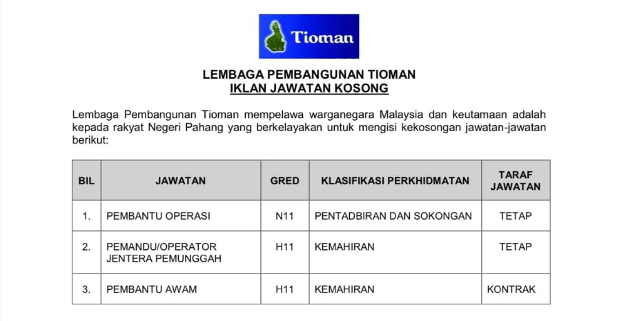 Jawatan Kosong Lembaga Pembangunan Tioman