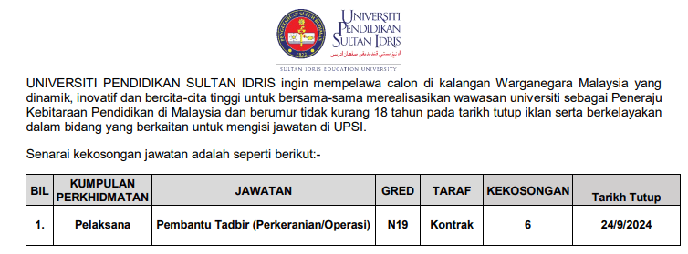 Permohonan Jawatan Kosong UPSI